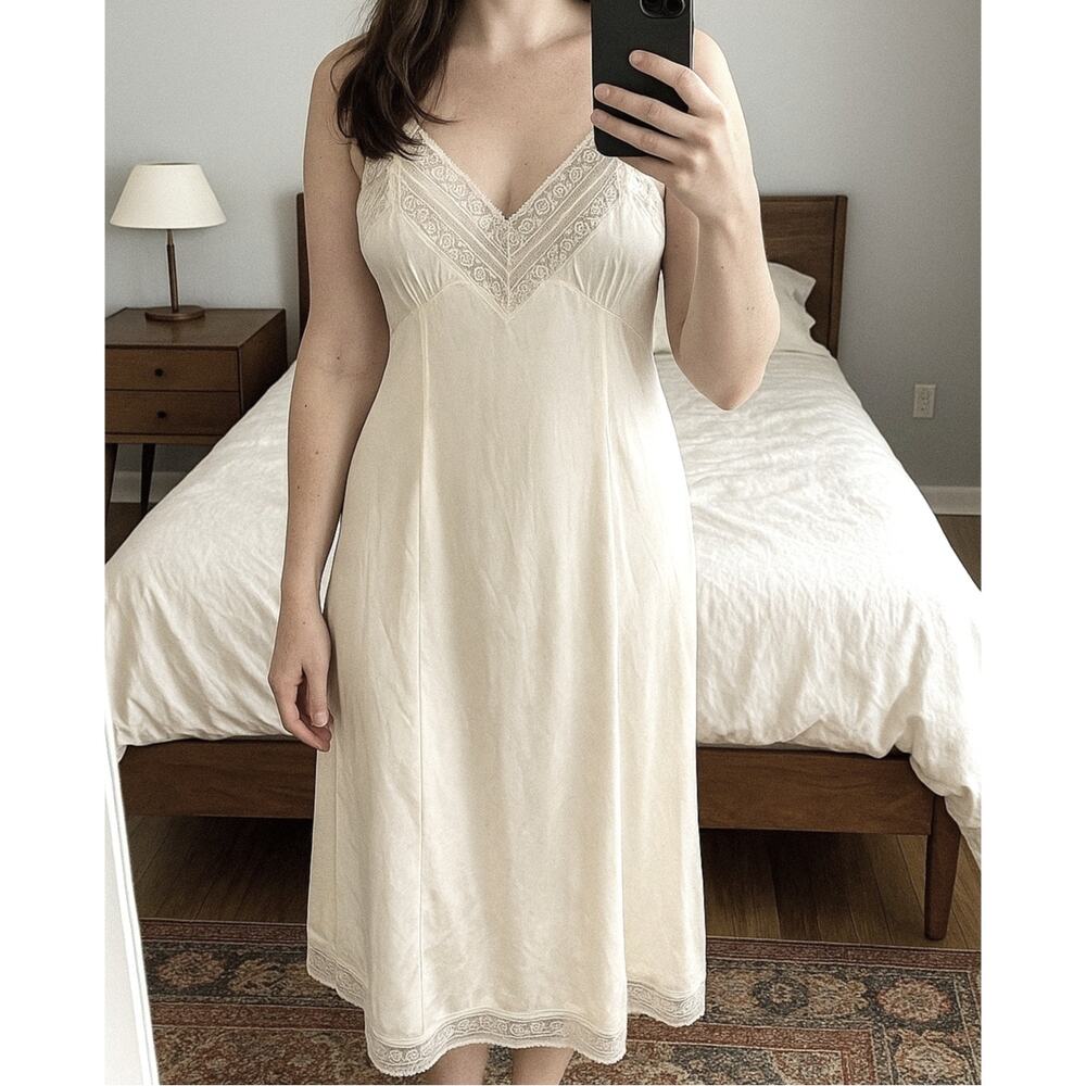 Vintage Sears Lace Trim White Slip Lingerie Sz 34 Nylon White Lace Bride Bridal